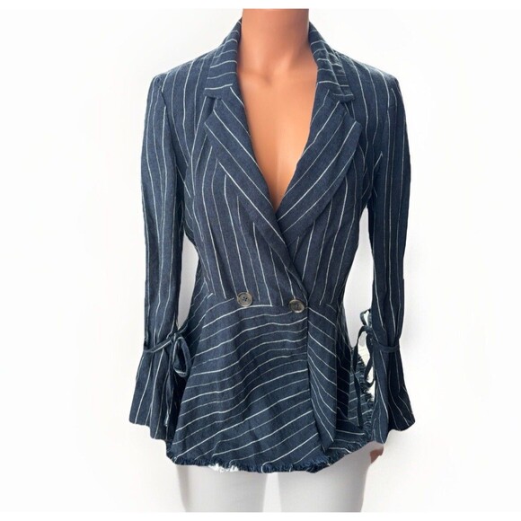 Free People Stella Blazer Size XS Navy Blue Striped Boho Linen Jacket - Picture 2 of 8